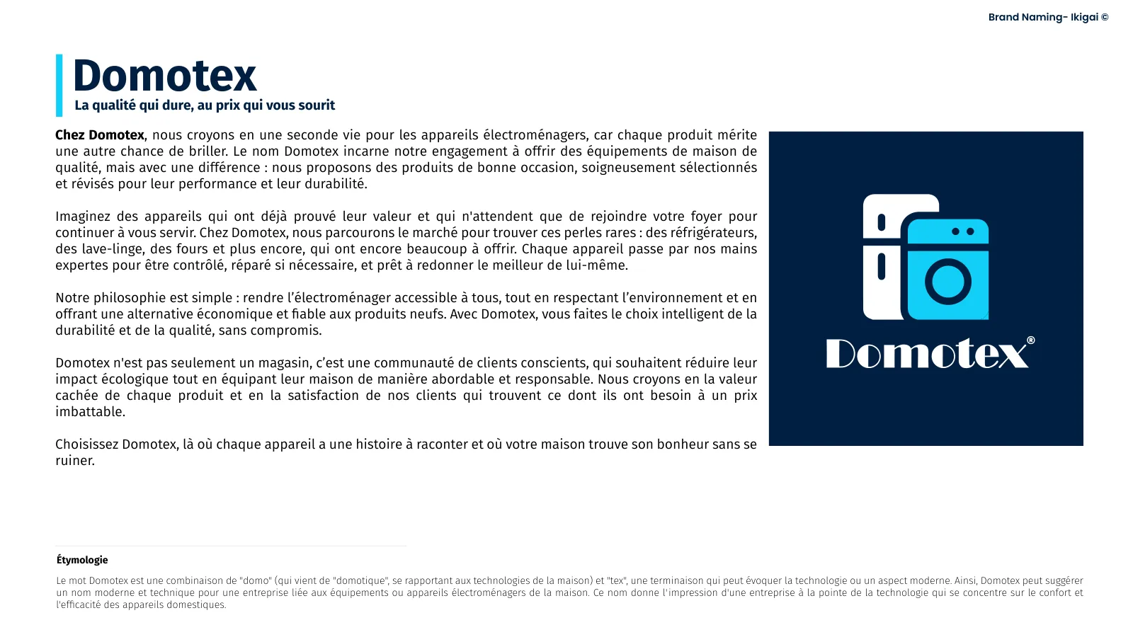 Document de naming Domotex : le nom, le récit de marque et le logo