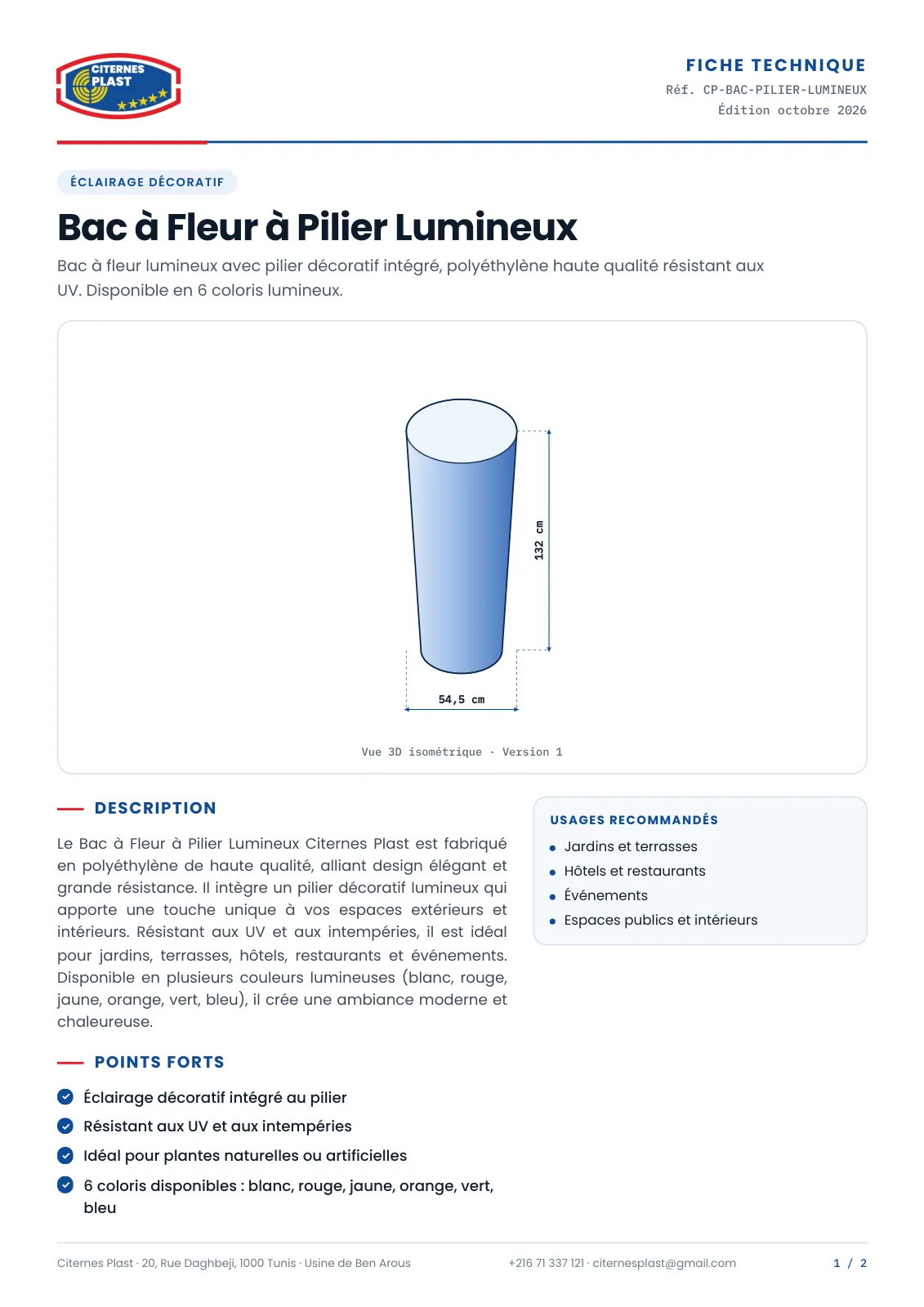 Fiche technique PDF d’un produit Citernes Plast : vue isométrique cotée et caractéristiques